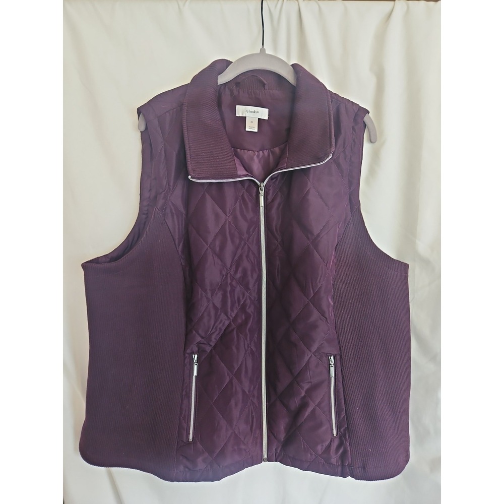 CJ Banks Quilted Vest Women 2X Wine Excellent Ribbed Trim Zip Pockets